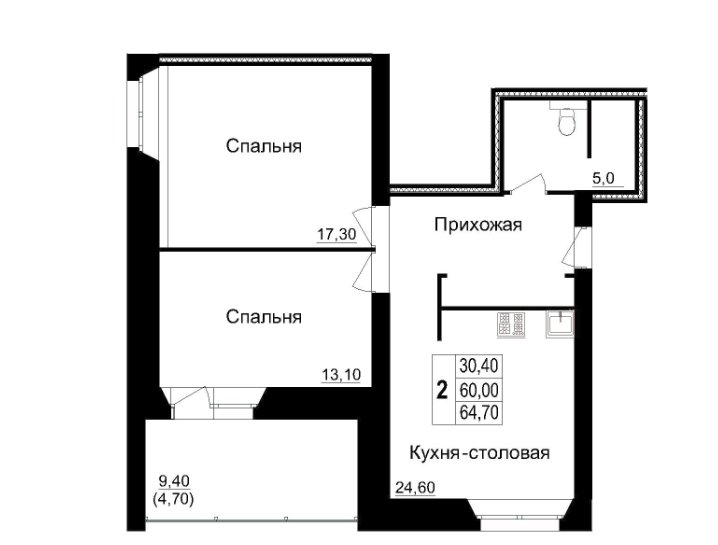 1 этаж 2-комнатн. 64.7 кв.м.