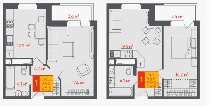 9 этаж 1-комнатн. 40.2 кв.м.