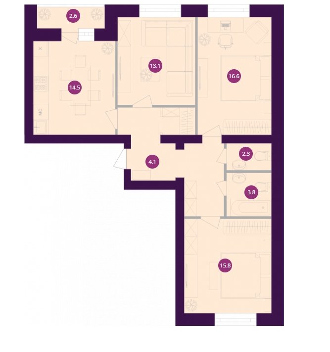 4 этаж 3-комнатн. 81.34 кв.м.