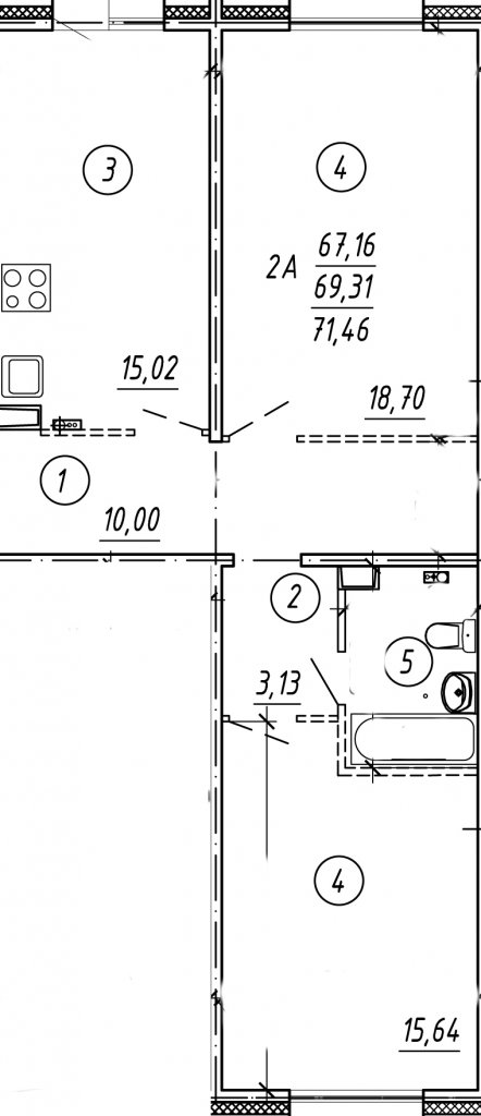 1 этаж 2-комнатн. 71.46 кв.м.